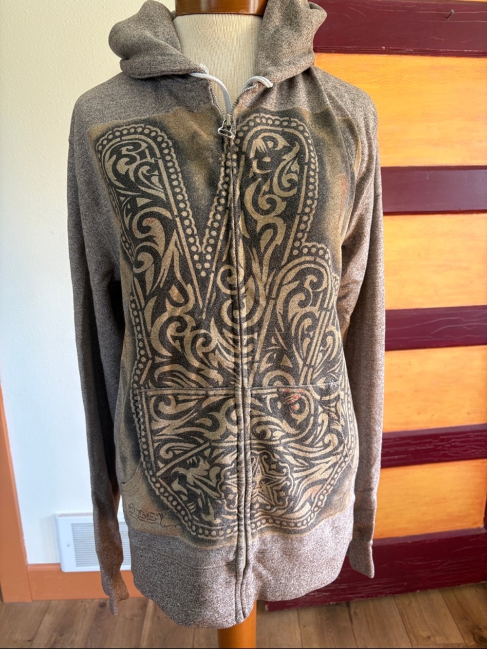 Obey Brown Zip-Up Hooded Sweatshirt with Ornate Graphic